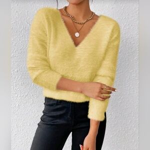 New Luxe Fluffy Knit V Neck Sweater Top Yellow